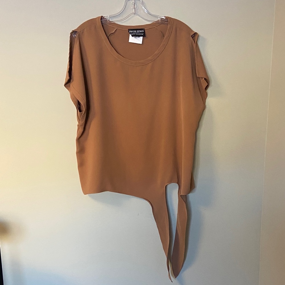 Frank Lyman Design Brown Asymmetrical Blouse with Tie Top Capability